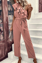 Load image into Gallery viewer, Dusty Pink One Shoulder Ruffle Trim Belted Jumpsuit
