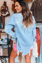 Load image into Gallery viewer, Beau Blue Light Wash Distressed Frayed Long Denim Jacket
