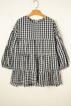 Load image into Gallery viewer, Black Checkered Puff Sleeve Tiered Loose Babydoll Blouse
