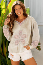 Load image into Gallery viewer, Beige Floral Patched Waffle Textured Colorblock V Neck Casual Hooded Top
