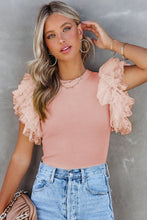 Load image into Gallery viewer, Pink Dotty Mesh Ruffle Sleeve Ribbed Knit Top
