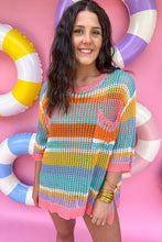 Load image into Gallery viewer, Pink Stripe Colorblock Hollowed Crochet 3/4 Sleeve Sweater
