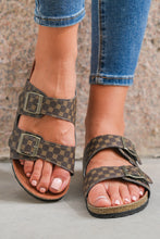 Load image into Gallery viewer, Coffee Geometric Print Cut Out Buckle PU Leather Flat Slippers
