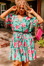 Load image into Gallery viewer, Green Floral Bubble Sleeve Surplice Ruffled Plus Size Dress
