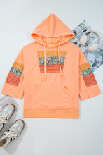 Load image into Gallery viewer, Grapefruit Orange Plaid Floral Patchwork Kangaroo Pocket Hooded Long Sleeve Top
