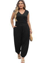 Cargar imagen en el visor de la galería, Black Plus Smocked High Waist Sleeveless V Neck Jumpsuit
