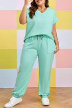 Cargar imagen en el visor de la galería, Mint Green Solid V-Neck Tee and Drawstring Plus Size Pants Set
