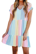 Load image into Gallery viewer, Multicolor Striped Color Block Tiered Baby Doll Mini Dress
