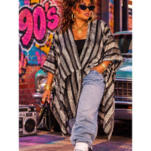 Load image into Gallery viewer, 90s Vintage 100% Cotton Striped Black &amp; Gray Kimono Sweater Poncho
