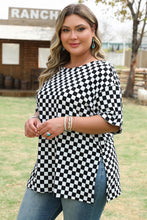Load image into Gallery viewer, Black Checkered Print Side Slits O Neck Plus Size T Shirt
