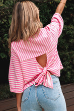Cargar imagen en el visor de la galería, Pink Stripe Bowknot Cutout Back Drop Shoulder Wide Bracelet Sleeve Loose Tee
