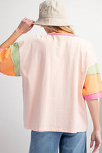 Load image into Gallery viewer, Pink Rugby Chenille Embroidered Color Block Half Sleeve T Shirt
