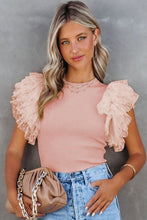 Load image into Gallery viewer, Pink Dotty Mesh Ruffle Sleeve Ribbed Knit Top
