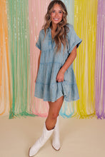 Load image into Gallery viewer, Beau Blue Mineral Wash Crinkle Split Neck Raw Hem Tiered Dress
