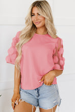 Load image into Gallery viewer, Dusty Pink Contrast Applique Mesh Half Sleeve Blouse
