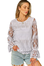 Cargar imagen en el visor de la galería, Beige Embroidered Mesh Flounce Sleeve Blouse
