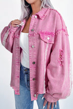 Load image into Gallery viewer, Pink Lace Patchwork Distressed Buttoned Denim Jacket
