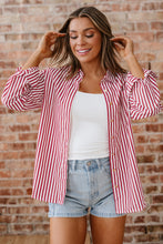 Cargar imagen en el visor de la galería, Red Stripe Patched Pocket Side Slit Loose Shirt
