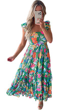 Cargar imagen en el visor de la galería, Green Floral Print Sleeveless Ruffle Tiered Maxi Dress
