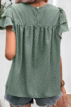 Load image into Gallery viewer, Laurel Green Dotted Ruffle Sleeve Crew Neck Ruched Blouse
