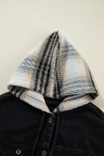 Cargar imagen en el visor de la galería, Black Plaid Sleeve Frayed Hem Hooded Denim Jacket
