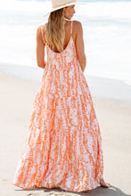 Load image into Gallery viewer, Orange Abstract Print Spaghetti Straps Backless Tiered Maxi Dress
