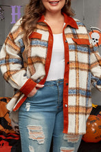 Cargar imagen en el visor de la galería, Brown Stripe Plus Size Plaid Print Collared Buttoned Jacket
