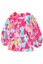 Load image into Gallery viewer, Pink Curvy Girl Graffiti Print Split Neck Puff Sleeve Blouse
