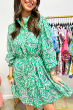 Load image into Gallery viewer, Green Paisley Print Long Sleeve Button Front Tied Waist Mini Dress

