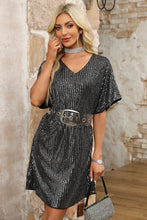 Load image into Gallery viewer, Dark Grey Sequin V Neck Dolman Sleeve Shift Dress
