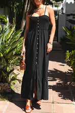 Cargar imagen en el visor de la galería, Black Spaghetti Straps Smocked Front Slit Buttoned Dress
