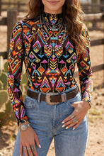 Cargar imagen en el visor de la galería, Color black Abstract Print Long Sleeve Stand Neck Mesh Top
