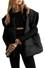 Cargar imagen en el visor de la galería, Black Solid Zipper Stand Neck Oversized Puffer Vest
