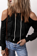 Cargar imagen en el visor de la galería, Black Exposed Seam Cold Shoulder Drawstring Hoodie
