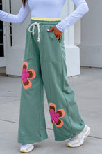 Load image into Gallery viewer, Sea Green Color Block Flower Patchwork Drawstring Contrasted Elastic Waist Wide Leg Pants
