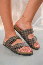 Load image into Gallery viewer, Coffee Geometric Print Cut Out Buckle PU Leather Flat Slippers
