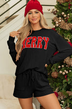 Cargar imagen en el visor de la galería, Black Corded MERRY Graphic Long Sleeve Top and Shorts Set
