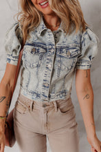 Load image into Gallery viewer, Beau Blue Light Wash Buttoned Chest Pocket Puff Sleeve Denim Jacket

