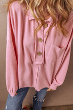 Cargar imagen en el visor de la galería, Pink Ribbed Knit Collared Henley Top with Chest Pocket
