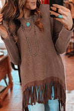 Load image into Gallery viewer, Coffee Waffle Knit Fringed High Low Loose Top
