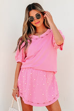 Load image into Gallery viewer, Pink Contrast Bow Trim Pearl Puff Sleeve Blouse and Skort 2pcs Set
