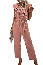 Load image into Gallery viewer, Dusty Pink One Shoulder Ruffle Trim Belted Jumpsuit
