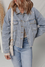 Load image into Gallery viewer, Sky Blue Bow Knot Print Light Wash Raw Hem Denim Jacket
