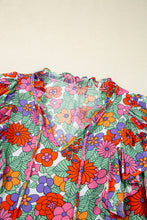 Load image into Gallery viewer, Red Floral Tie Split Neck Ruffle Puff Sleeve Blouse
