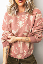Cargar imagen en el visor de la galería, Peach Blossom Western Print Drop Shoulder Round Neck Long Sleeve Sweater
