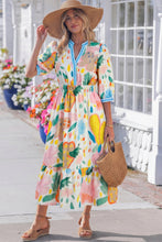 Load image into Gallery viewer, Multicolour Floral Doodle Print Striped Trim V Neck Midi Dress
