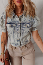 Load image into Gallery viewer, Beau Blue Light Wash Buttoned Chest Pocket Puff Sleeve Denim Jacket
