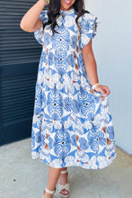 Load image into Gallery viewer, Sky Blue Tropical Botanic Print Flutter Sleeve Vacation Long Dress
