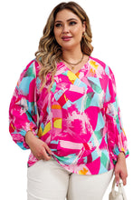 Load image into Gallery viewer, Pink Curvy Girl Graffiti Print Split Neck Puff Sleeve Blouse
