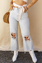 Cargar imagen en el visor de la galería, Light Blue High Rise Ripped Frayed Hem Straight Jeans
